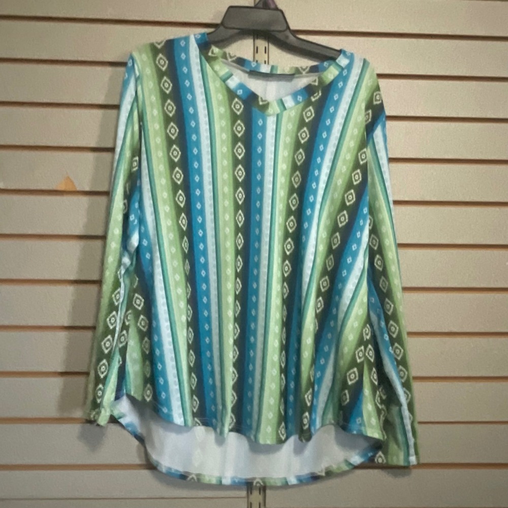 Lucky & Blessed‎ Womens Medium Green Blue Striped Southwestern V-Neck Top